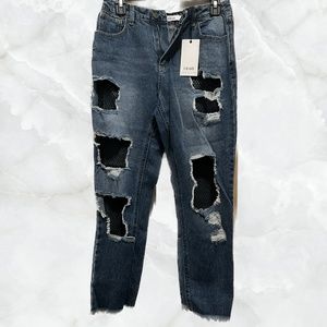 Denim Ripped High Waisted Jeans with Black Mesh Fishnet